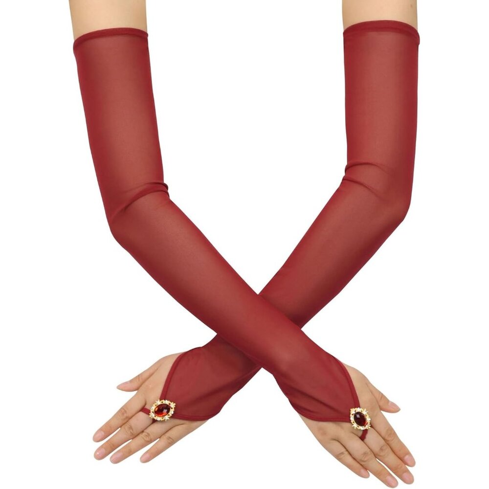 Women's Burgundy Long Fabric Finger Loop Gloves Bridal Wedding Party Costume